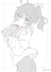 Rule 34 | 1girl, absurdres, ahoge, ass, bike shorts, blush, bottle, closed mouth, commentary request, dated, from behind, greyscale, hair between eyes, highres, holding, holding bottle, hololive, hood, hood down, hoodie, long sleeves, looking at viewer, looking back, monochrome, natsuiro matsuri, okota mikan, puffy long sleeves, puffy sleeves, side ponytail, simple background, sleeves past wrists, smile, solo, sweat, twisted torso, virtual youtuber, water bottle, white background