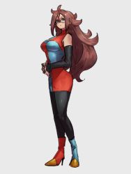Rule 34 | 1girl, android 21, asymmetrical footwear, blue eyes, blue footwear, breasts, checkered clothes, checkered dress, dragon ball, dragon ball fighterz, dress, full body, glasses, grey background, kemachiku, large breasts, long hair, looking at viewer, mismatched footwear, pantyhose, red footwear, red hair, simple background, solo, standing