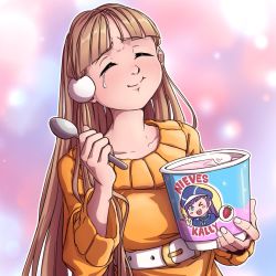 Rule 34 | &gt; o, 1girl, belt, blush stickers, brown hair, bucket, closed eyes, commentary, crying, dress, eating, english commentary, food, fruit, hair bobbles, hair ornament, highres, holding, holding bucket, holding spoon, ice cream, long hair, mefomefo, one eye closed, original, smile, solo, spoon, strawberry, streaming tears, sweater, sweater dress, tears, v