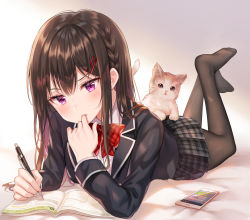 Rule 34 | 1girl, animal, black jacket, black skirt, blazer, blush, book, bow, bowtie, braid, brown hair, brown pantyhose, cat, cellphone, finger to mouth, frown, highres, holding, holding pen, jacket, long hair, long sleeves, looking at viewer, lying, miniskirt, mole, mole under eye, no shoes, on stomach, original, pantyhose, parted lips, pen, phone, pleated skirt, purple eyes, school uniform, shirt, sidelocks, skirt, smartphone, solo, tokkyu, undershirt, v-shaped eyebrows, white shirt, wing collar