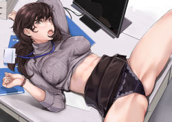 Rule 34 | 1girl, :o, arm up, black panties, black skirt, book, brown hair, clothes lift, desk, grey sweater, hair between eyes, indoors, lace print, lanyard, light blush, lipstick, long hair, long sleeves, lying, makeup, monitor, name tag, office, office lady, on back, on desk, open mouth, original, panties, paper, purple eyes, ribbed sweater, skirt, skirt lift, solo, spread legs, sweater, sweater lift, teeth, turtleneck, underwear, upper teeth only, watch, wristwatch, yamaishi (mukoubuti)