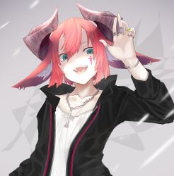 Rule 34 | animal ears, commentary request, fang, fangs, green eyes, highres, horns, jewelry, kesuno, looking at viewer, original, red hair, short hair, tattoo