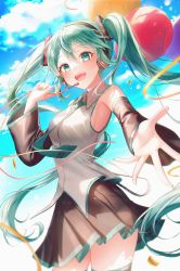 Rule 34 | 1girl, 723/nanahumi, :d, balloon, black skirt, black sleeves, blue sky, blush, breasts, cloud, cloudy sky, collared shirt, commentary, day, detached sleeves, dress shirt, green eyes, green hair, green necktie, hair between eyes, hatsune miku, headphones, headset, highres, long hair, long sleeves, looking at viewer, necktie, open mouth, outdoors, pleated skirt, revision, shirt, skirt, sky, sleeveless, sleeveless shirt, small breasts, smile, solo, teeth, tie clip, twintails, upper teeth only, very long hair, vocaloid, white shirt, wide sleeves