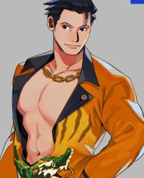 Rule 34 | 1boy, ace attorney, bad id, bad twitter id, bare pectorals, black hair, capcom, chain, chain necklace, cosplay, dragon print, furio tigre, furio tigre (cosplay), grey background, hair slicked back, head tilt, highres, jacket, jewelry, looking to the side, male focus, muscular, navel, necklace, open clothes, open jacket, paguraisu, pectorals, phoenix wright, phoenix wright: ace attorney - trials and tribulations, short hair, simple background, smile, solo, yellow jacket