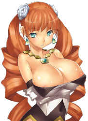 Rule 34 | aq interactive, aqua eyes, arcana heart, arcana heart 2, areola slip, astroguy2, atlus, bare shoulders, breasts, brown hair, cleavage, dress, drill hair, earrings, examu, gem, huge breasts, jewelry, long hair, necklace, orange hair, petra johanna lagerkvist, pixiv thumbnail, resized, simple background, solo, twintails, very long hair