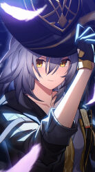 Rule 34 | 1girl, absurdres, arm up, black gloves, black hat, black jacket, brown eyes, closed mouth, collarbone, commentary request, gloves, grey hair, hair between eyes, hand on headwear, hat, highres, honkai: star rail, honkai (series), jacket, long hair, looking at viewer, ohihil, open clothes, open jacket, shirt, smile, solo, stelle (honkai: star rail), trailblazer (honkai: star rail), upper body, white shirt