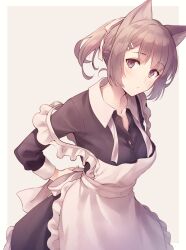 Rule 34 | 1girl, animal ears, apron, braid, breasts, cat ears, collarbone, e (eokiba), hair ornament, hairclip, highres, maid, maid apron, medium breasts, original, partially unbuttoned, polo shirt, ponytail, solo, strap slip