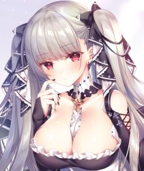 Rule 34 | 1girl, azur lane, bare shoulders, between breasts, black dress, blush, breasts, cleavage, dress, earrings, formidable (azur lane), frilled dress, frills, grey hair, hair ornament, hair ribbon, jewelry, large breasts, long hair, long sleeves, looking at viewer, nail polish, red eyes, ribbon, scratching cheek, solo, sorai shin&#039;ya, twintails