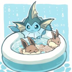 Rule 34 | animal focus, blue background, blue eyes, bright pupils, brown eyes, closed eyes, creatures (company), dated, eevee, fins, game freak, gen 1 pokemon, happy, head fins, in water, konanbo, nintendo, no humans, open mouth, outline, parted lips, pokemon, pokemon (creature), smile, twitter username, vaporeon, wading pool, water, water drop, white outline