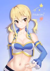 Rule 34 | 1girl, absurdres, bare shoulders, blonde hair, blue background, blue vest, breasts, brown eyes, chinese commentary, cleavage, commentary request, copyright name, detached sleeves, fairy tail, fairy tail logo, groin, hair between eyes, hand on own hip, highres, long hair, long sleeves, looking at viewer, lucy heartfilia, medium breasts, midriff, navel, qi (kanjianwoqingtixingwoquhuahua), smile, solo, stomach, strapless, tube top, twintails, upper body, vest