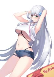 Rule 34 | 1girl, armpits, arms behind head, arms up, bad id, bad twitter id, bare arms, bare shoulders, blue shorts, breasts, chest harness, cowboy shot, crop top, crop top overhang, cross hair ornament, denim, denim shorts, drawstring, facial mark, girls&#039; frontline, green eyes, hair ornament, harness, highleg, highres, hk416 (girls&#039; frontline), long hair, looking at viewer, medium breasts, micro shorts, midriff, navel, no bra, parted lips, revealing clothes, shirt, short shorts, shorts, simple background, sleeveless, sleeveless shirt, solo, stomach, strap, thighs, thong, torn clothes, torn shorts, ugwa, underboob, very long hair, white background, white hair, white shirt