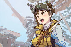 Rule 34 | 1girl, brown eyes, brown hair, commentary request, feathers, goggles, goggles on head, monster hunter, monster hunter: world, monster hunter (series), nigou, open mouth, original, shoulder belt, sketch, solo, sweater, turtleneck, turtleneck sweater, updo, vest