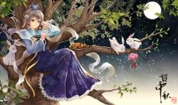 Rule 34 | 1girl, black hair, blush, rabbit, closed mouth, flower, food, green eyes, highres, in tree, long hair, long sleeves, looking at viewer, lotus, luo tianyi, mid-autumn festival, moon, night, outdoors, plate, ryuu32, sitting, sitting in tree, sky, smile, solo, star (sky), starry sky, tree, vocaloid
