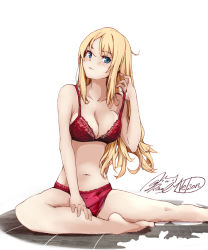 Rule 34 | 1girl, blonde hair, blue eyes, bra, breasts, character name, cleavage, collarbone, highres, kantai collection, large breasts, long hair, navel, nelson (kancolle), panties, red bra, red panties, rizzl, signature, simple background, solo, twitter username, underwear, underwear only, white background
