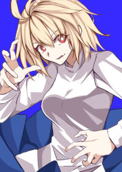 Rule 34 | 1girl, antenna hair, arcueid brunestud, blonde hair, blue background, blue skirt, bright pupils, commentary, fang, highres, looking at viewer, red eyes, shirt, short hair, simple background, skin fang, skirt, solo, tsukihime, ttumupen, upper body, white pupils, white shirt