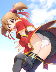 Rule 34 | 10s, 1girl, ass, blurry, brown hair, cloud, day, depth of field, fingerless gloves, from behind, gloves, hair ribbon, open mouth, panties, pantyshot, red eyes, ribbon, short twintails, silica, sky, solo, surprised, sword art online, thighhighs, twintails, ueyama michirou, underwear, upskirt, white panties
