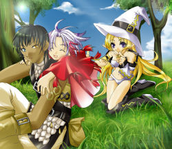 Rule 34 | .hack//, .hack//ai buster, .hack//link, 1boy, 2girls, albireo, albireo (.hack//), bad anatomy, bandai, blonde hair, cloud, cyber connect 2, day, elf, grass, hat, heterochromia, hokuto (.hack//), hokuto (l una r), k-dama, lycoris (.hack//), multiple girls, nature, outdoors, pointy ears, poorly drawn, sky, staff, tree, witch hat