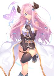 Rule 34 | 10s, 1girl, :q, asymmetrical gloves, belt, black gloves, black thighhighs, blue eyes, boots, braid, breasts, bug, butterfly, demon horns, draph, elbow gloves, fingerless gloves, gloves, granblue fantasy, hair ornament, hair over one eye, hand on own chest, highres, horns, insect, kame^^, long hair, mismatched gloves, narmaya (granblue fantasy), pink hair, pointy ears, sideboob, single braid, single thighhigh, smile, solo, standing, standing on one leg, thigh boots, thigh strap, thighhighs, tongue, tongue out, very long hair