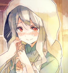 Rule 34 | 1girl, blush, borrowed clothes, comforting, hood, hoodie, kagerou project, kozakura marry, long hair, ousaka nozomi, red eyes, seto kousuke, silver hair, solo focus, souzou forest (vocaloid), tears, vocaloid, wavy mouth