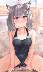Rule 34 | 1boy, 1girl, absurdres, animal ear fluff, animal ears, bath stool, bathroom, black one-piece swimsuit, blue archive, blue eyes, breasts, competition swimsuit, covered navel, cross hair ornament, dime-san, extra ears, grey hair, hair ornament, halo, highres, looking at viewer, low ponytail, medium breasts, medium hair, mismatched pupils, mixed-sex bathing, multicolored clothes, multicolored swimsuit, one-piece swimsuit, pov, shared bathing, shiroko (blue archive), shiroko (swimsuit) (blue archive), shower head, solo focus, stool, straddling, swimsuit, tile wall, tiles