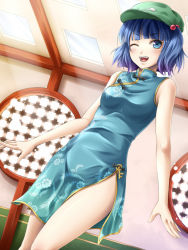 Rule 34 | 1girl, alternate costume, bad id, bad pixiv id, blue eyes, blue hair, blunt bangs, china dress, chinese clothes, dress, dutch angle, female focus, floral print, hair bobbles, hair ornament, hat, kawashiro nitori, key, matching hair/eyes, mochi.f, no panties, one eye closed, open mouth, short hair, side slit, smile, solo, touhou, twintails, two side up, wink