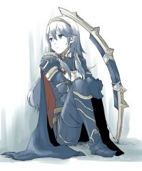 Rule 34 | 1girl, armor, blue eyes, blue hair, boots, bow (weapon), cape, fingerless gloves, fire emblem, fire emblem awakening, fire emblem heroes, gloves, long hair, lucina (fire emblem), nintendo, official alternate costume, robaco, simple background, solo, tiara, weapon