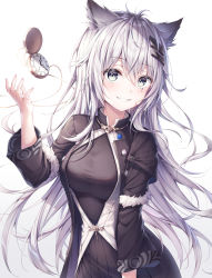 Rule 34 | 1girl, absurdres, animal ears, arknights, black coat, black dress, breasts, coat, dangmyo, dress, gradient background, grey background, grey eyes, grin, hair ornament, hairclip, hand up, highres, lappland (arknights), lappland (refined horrormare) (arknights), long hair, long sleeves, looking at viewer, medium breasts, official alternate costume, pocket watch, popped collar, scar, scar across eye, scar on face, silver hair, simple background, smile, solo, upper body, watch, white background, wolf ears