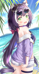 Rule 34 | 1girl, absurdres, animal ear fluff, animal ears, ass, baicheng mayu, beach, bikini, bikini top only, bikini under clothes, black hair, blush, breasts, clothes pull, fang, green eyes, highres, karyl (princess connect!), karyl (summer) (princess connect!), long hair, looking at viewer, medium breasts, ocean, open mouth, ponytail, princess connect!, solo, swimsuit, swimsuit under clothes, thighs