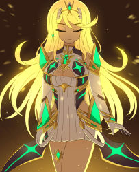 Rule 34 | 1girl, bare legs, bare shoulders, blonde hair, breasts, chest jewel, cleavage, cleavage cutout, clothing cutout, dress, earrings, elbow gloves, enni, gloves, highres, jewelry, large breasts, long hair, mythra (xenoblade), short dress, solo, swept bangs, thigh strap, tiara, very long hair, white dress, white gloves, xenoblade chronicles (series), xenoblade chronicles 2, yellow eyes