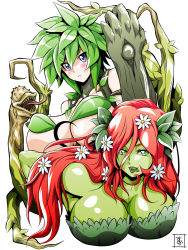 Rule 34 | 10s, 2girls, :&lt;, animification, batman (series), blue eyes, blush, breasts, colored skin, crossover, dc comics, dryad, florakinesis, flower, gigantic breasts, green eyes, green hair, green lips, green skin, hair flower, hair ornament, highres, kii (monster musume), leaf, lipstick, long hair, makeup, monster girl, monster musume no iru nichijou, multiple girls, nude, plant girl, poison ivy, red hair, s-now, signature, simple background, tongue, tongue out, trait connection, white background