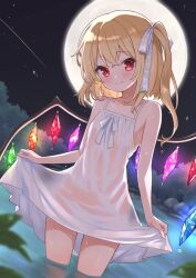 1girl absurdres ahase_hino bare_shoulders blurry blurry_foreground breasts collarbone cowboy_shot crystal dress flandre_scarlet full_moon highres lake medium_hair moon outdoors partially_submerged red_eyes see-through see-through_dress side_ponytail small_breasts solo spaghetti_strap touhou vampire wet white_dress wings