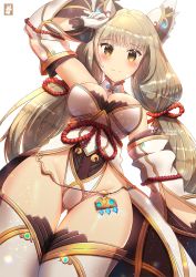 Rule 34 | 1girl, alternate breast size, animal ears, armpits, artist logo, artist name, blush, breasts, chinchongcha, cleavage, gloves, highres, large breasts, long hair, looking at viewer, nia (blade) (xenoblade), nia (xenoblade), nintendo, niyah, aged up, ribbon, smile, solo, spoilers, thighhighs, thighs, xenoblade chronicles (series), xenoblade chronicles 2, xenoblade chronicles (series), xenoblade chronicles 2, yellow eyes