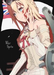 Rule 34 | 1girl, aqua eyes, black background, blonde hair, blood, blood on face, bow, braid, breasts, chair, character name, closed mouth, crown, dress, flag, french braid, highres, jewelry, kantai collection, long hair, long sleeves, medium breasts, mini crown, necklace, off-shoulder dress, off shoulder, red bow, rigging, shamomo, sitting, smile, solo, turret, warspite (kancolle)