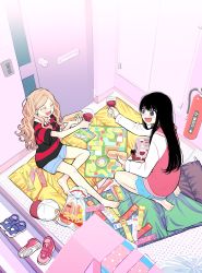 Rule 34 | 2girls, absurdres, bare arms, bare legs, barefoot, black hair, black shirt, blonde hair, blue skirt, blush, board game, candy, closed mouth, commentary request, cover image, cup, curly hair, denim, denim shorts, door, drinking glass, feet, fire extinguisher, food, from above, futari escape, hat, highres, holding, holding food, hot dog bun, indoors, kouhai (futari escape), laughing, long hair, long sleeves, multiple girls, official art, on floor, open mouth, pink sweater, purple eyes, red shirt, seiza, senpai (futari escape), shirt, shoes, short sleeves, shorts, sitting, skirt, sleeping bag, striped clothes, striped shirt, sun symbol, sweater, taguchi shouichi, toasting (gesture), unworn hat, unworn headwear, unworn shoes, v-shaped eyebrows, wine glass