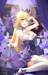 Rule 34 | 1girl, alternate eye color, armpits, bare arms, bare shoulders, bed, bird, black ribbon, blonde hair, blush, bow, breasts, candle, castle, choker, chuunibyou, collar, crow, curtains, dress, eyepatch, fischl (ein immernachtstraum) (genshin impact), fischl (genshin impact), flower, frills, gem, genshin impact, hair over one eye, hair ribbon, high heels, highres, jewelry, light particles, light rays, long hair, looking at viewer, medium breasts, official alternate costume, one eye covered, open mouth, pantyhose, purple choker, purple dress, purple flower, purple footwear, purple gemstone, purple ribbon, purple rose, pyararara, red eyes, ribbon, ring, rose, single leg pantyhose, single thighhigh, smile, solo, sunlight, thighhighs, tiara, white pantyhose, white thighhighs