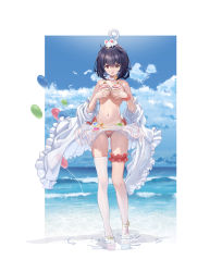 Rule 34 | 1girl, @ @, absurdres, animal, animal on head, balloon, bare shoulders, bikini, black hair, blush, breasts, bridal garter, caustics, chinese commentary, choker, cloud, commentary request, covering breasts, covering privates, full body, gluteal fold, granblue fantasy, highres, horizon, jacket, looking down, medium breasts, miniskirt, mouse (animal), navel, nose blush, on head, open mouth, outdoors, platform footwear, red eyes, sandals, scrunchie, short hair, single thighhigh, skirt, soaking feet, solo, standing, striped bikini, striped clothes, swimsuit, tearing up, thighhighs, vikala (blooming summer wallflower) (granblue fantasy), vikala (granblue fantasy), wading, water, wet, white jacket, white skirt, white thighhighs, wrist scrunchie, xintianou