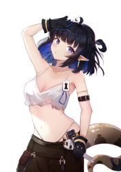 Rule 34 | 1girl, :o, ahoge, arknights, armlet, armpits, arms up, black gloves, black hair, blue hair, blunt bangs, blush, breasts, brown pants, collarbone, colored inner hair, commentary request, cowboy shot, crop top, dokawa, earrings, eunectes (arknights), eunectes (forgemaster) (arknights), eyebrows hidden by hair, gloves, highres, holding, holding wrench, jewelry, long hair, looking at viewer, medium breasts, multicolored hair, navel, official alternate costume, open mouth, pants, parted lips, pointy ears, purple eyes, short hair, snake tail, solo, stomach, tail, thong, torn clothes, two-tone hair, underboob, wrench
