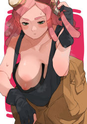 Rule 34 | 1girl, bare shoulders, black gloves, black tank top, blush, boku no hero academia, breasts, closed mouth, downblouse, flashing, gloves, goggles, goggles on head, green eyes, hanging breasts, hatsume mei, highres, inverted nipples, large breasts, leaning forward, makingtawawa, nipples, no bra, one breast out, partially fingerless gloves, pink hair, solo, sweat, tank top, thick eyebrows