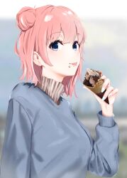 Rule 34 | 1girl, absurdres, blue eyes, blue nails, blue sweater, blurry, blurry background, food, food on face, hair bun, hayase illusut, highres, holding, holding food, ice cream cone, long sleeves, looking at viewer, nail polish, pink hair, short hair, single hair bun, single side bun, solo, sweater, tongue, tongue out, upper body, waffle cone, yahari ore no seishun lovecome wa machigatteiru., yuigahama yui