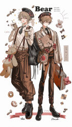 Rule 34 | 2boys, animal bag, bear bag, beret, black bag, black necktie, briefcase, brown hair, brown jacket, brown pants, brown vest, character name, closed mouth, coffee beans, commentary request, cookie, doughnut, food, frown, hat, highres, holding, holding briefcase, holding stuffed toy, jacket, long sleeves, looking at another, male focus, multiple boys, nana tetra, necktie, open mouth, original, pants, red eyes, short hair, simple background, smile, sparkle, stuffed animal, stuffed toy, suspenders, teddy bear, vest, white background