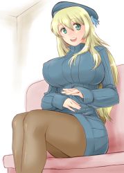 Rule 34 | 10s, 1girl, alternate costume, atago (kancolle), black pantyhose, blonde hair, breasts, brown pantyhose, couch, covered erect nipples, green eyes, hat, kantai collection, large breasts, long hair, minato (leap-up), open mouth, pantyhose, personification, ribbed sweater, sitting, smile, solo, sweater