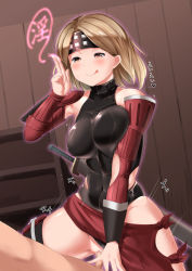 Rule 34 | 10s, 1girl, arm guards, bare shoulders, blonde hair, blush, breasts, censored, covered navel, cowgirl position, daikikia 9, djeeta (granblue fantasy), covered erect nipples, girl on top, granblue fantasy, half-closed eyes, headband, highres, large breasts, leotard, mosaic censoring, ninja (granblue fantasy), orange eyes, penis, pointless censoring, pussy, pussy juice, sex, short hair, smile, solo focus, straddling, sweat, tongue, tongue out, torn clothes, torn leotard