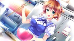 Rule 34 | 1girl, blush, breasts, brown hair, chopsticks, cooking, game cg, golden marriage, green eyes, happy, hayakawa harui, highres, kitchen, looking at viewer, maid headdress, open mouth, short hair, smile, solo, standing, tange kasumi