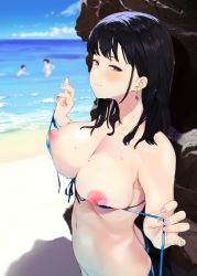 Rule 34 | 1boy, 2girls, :3, bare arms, bare shoulders, beach, bikini, black hair, blue bikini, blue sky, blurry, blurry background, blush, breasts, butt crack, cleavage, closed mouth, cloud, commentary request, day, earrings, eightman, fingernails, front-tie bikini top, front-tie top, hands up, highres, horizon, jewelry, large breasts, long hair, looking at viewer, looking to the side, multiple girls, nail polish, navel, nipples, one breast out, original, outdoors, pink nails, puffy nipples, purple eyes, rock, shadow, shore, sideways glance, sky, smile, solo focus, standing, stomach, strap pull, string bikini, swimsuit, untied bikini, upper body, wading, water, water drop, wet, wet hair