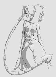 Rule 34 | 1girl, bare shoulders, cropped legs, detached collar, detached sleeves, flat chest, greyscale, hair over one eye, highres, leviathan (skullgirls), long hair, long skirt, monochrome, shugarsketch, shugarskull, side ponytail, sketch, skirt, skull, skullgirls, smile, solo, squigly (skullgirls), stitched mouth, stitches, striped, striped sleeves, wide hips, zombie