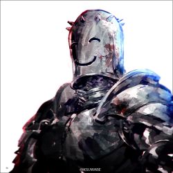 Rule 34 | ambiguous gender, armor, black border, blood, blood splatter, border, breastplate, commentary request, copyright request, helmet, k-suwabe, pauldrons, plate armor, shoulder armor, simple background, smiley face, solo, spikes, twitter username, upper body, white background