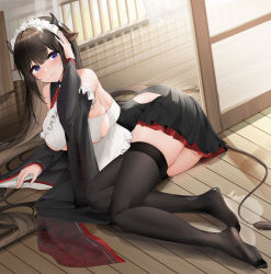 Rule 34 | 1girl, animal ears, apron, azur lane, bare shoulders, black hair, black skirt, black sleeves, black thighhighs, breasts, cow ears, cow girl, cow horns, cow tail, detached sleeves, feet, frilled apron, frilled hairband, frilled shirt, frilled skirt, frills, hairband, hand on own head, highres, horns, kashino (azur lane), kashino (maid for mayhem) (azur lane), large breasts, legs, long hair, long sleeves, looking at viewer, maid, maid apron, maid headdress, no shoes, official alternate costume, on floor, purple eyes, qing wu, ribbon trim, shirt, skindentation, skirt, sleeveless, sleeveless shirt, solo, spill, tail, thighhighs, thighs, two-tone skirt, white apron, white hairband, white shirt, wooden floor