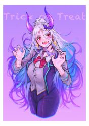 Rule 34 | 1girl, bat (animal), blue hair, choker, commentary request, cropped legs, cross, cross earrings, dcdc 28h, earrings, fangs, highres, horns, jacket, jewelry, looking to the side, multicolored hair, one piece, pink eyes, ponytail, purple background, solo, stitched face, stitches, white hair, yamato (one piece)