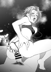 Rule 34 | 1girl, anal beads, ass, bar censor, censored, clothed sex, girl on top, greyscale, idolmaster, idolmaster cinderella girls, kimura natsuki, monochrome, nipple piercing, open mouth, panties, penis, piercing, reverse cowgirl position, sex, sex from behind, sex toy, short hair, straddling, string panties, tkhs, underwear