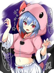 Rule 34 | 1girl, animal hood, bat wings, bloomers, blue hair, claw pose, commentary request, fang, hair between eyes, hood, looking at viewer, midriff, navel, one-hour drawing challenge, open mouth, red eyes, red ribbon, remilia scarlet, ribbon, sleeves rolled up, smile, solo, tirotata, touhou, translation request, underwear, wings